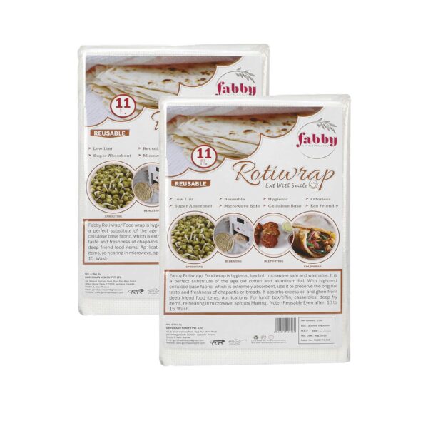Fabby Reusable Roti Wrap for Chapati & Flatbread, Washable Microwave-Safe Food Wraps, 300 x 400 mm, White, 11 pcs Each, Pack of 2 (22 Pieces Total)